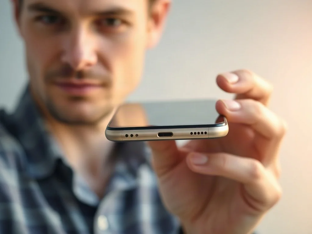 Zbliżenie na port ładowania iPhone'a 14, ukazujące szczegóły konstrukcyjne dolnej krawędzi smartfona.