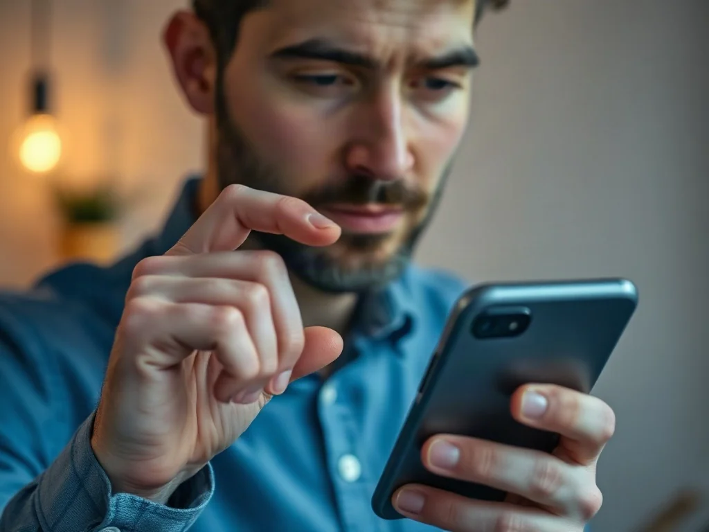 Mężczyzna trzymający smartfon w dłoni, przygotowujący się do obsługi ekranu w minimalistycznym biurze.