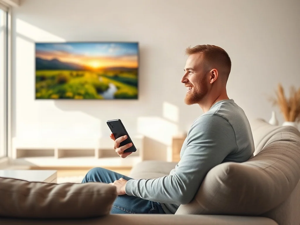 Mężczyzna siedzący na kanapie z iPhone'em w ręku, przesyłający obraz na duży telewizor w nowoczesnym salonie.