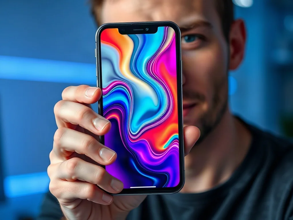 Mężczyzna trzyma nowoczesny smartfon z wyraźnym, kolorowym ekranem, prezentującym wysoką jakość wyświetlanego obrazu.