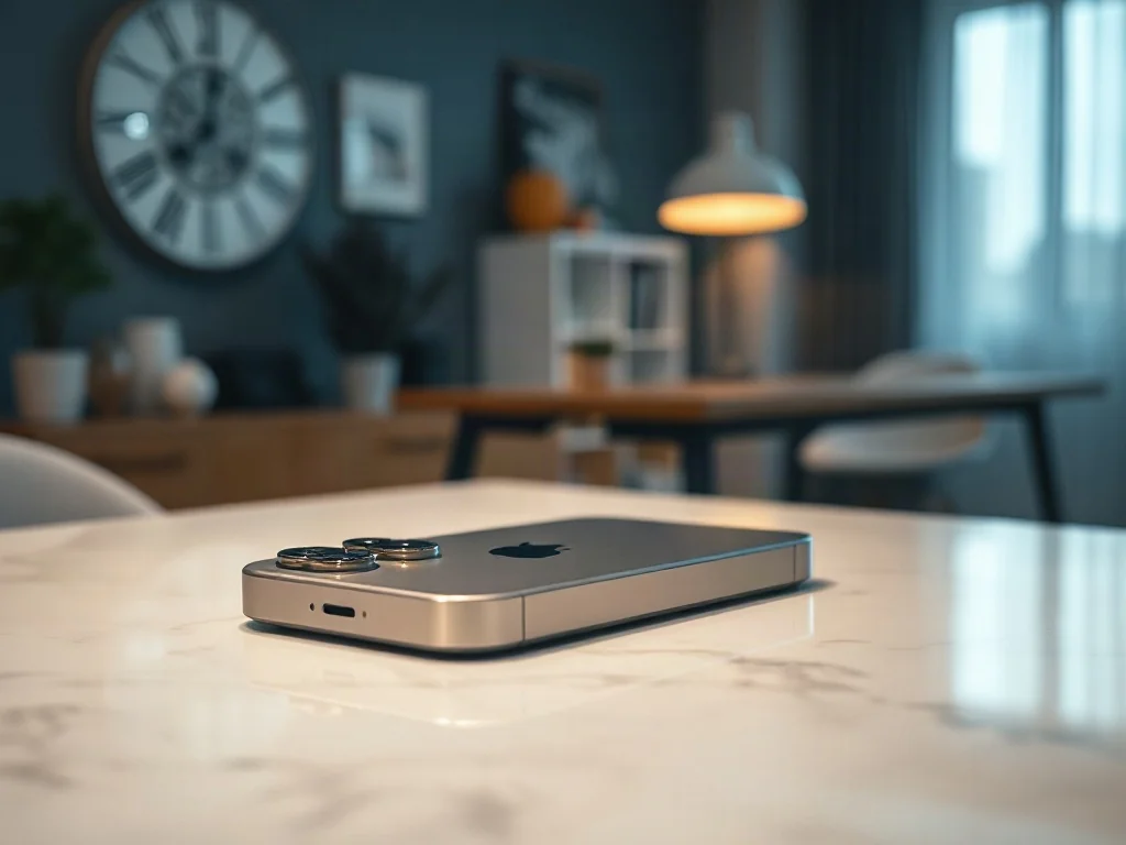 iPhone 16 Pro Max w tytanowej obudowie spoczywający na marmurowym biurku w nowoczesnym biurze.