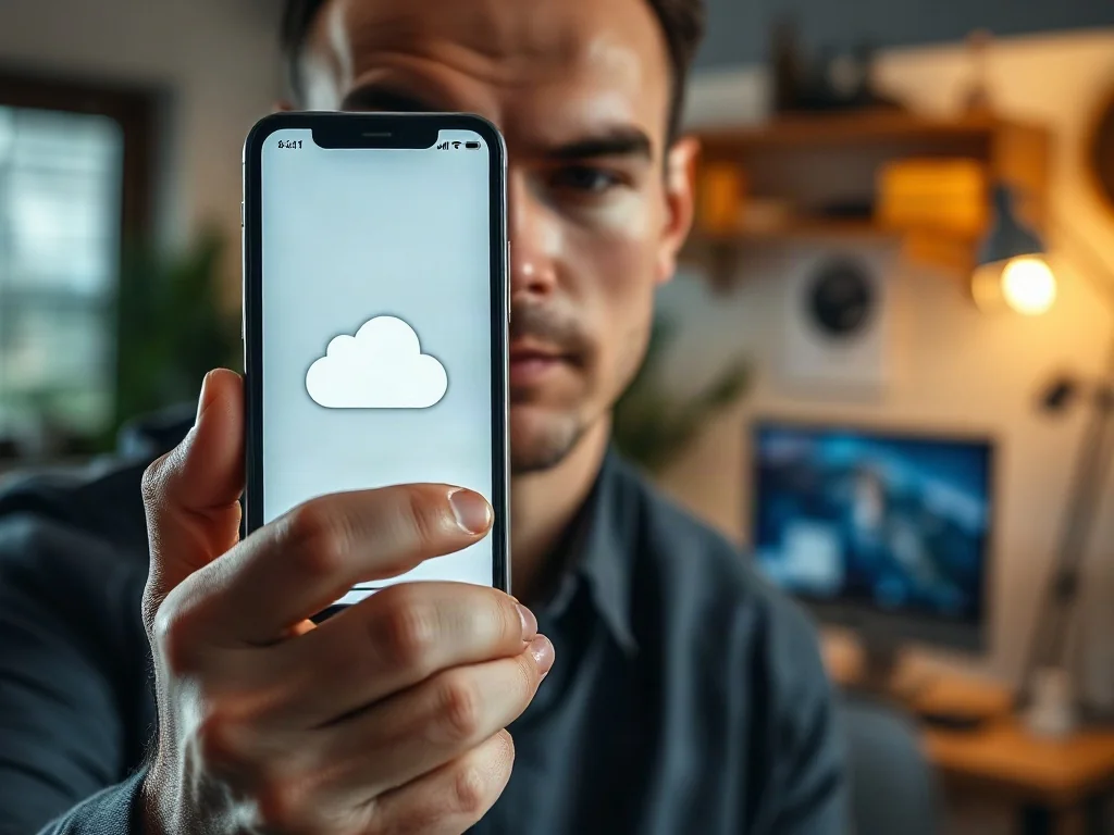 Mężczyzna trzymający iPhone’a z widoczną ikoną synchronizacji w chmurze, symbolizującą proces tworzenia kopii zapasowej.