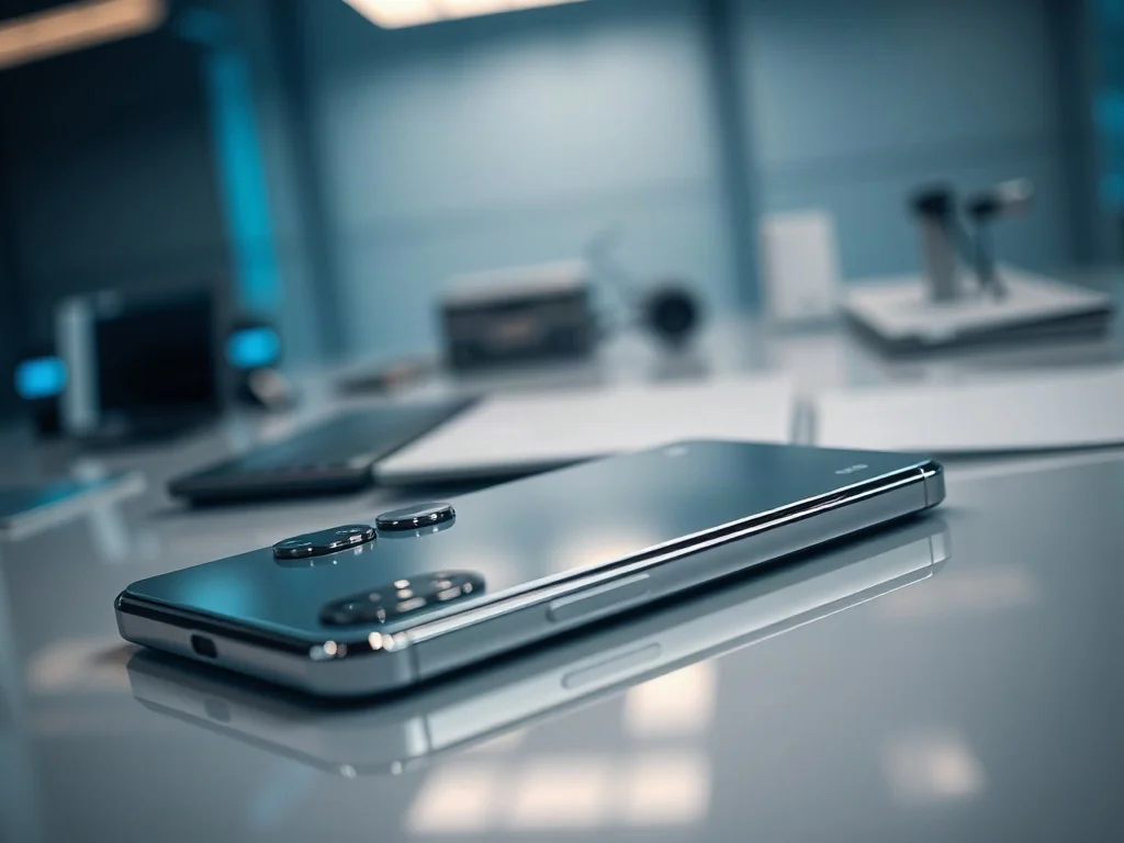 Nowoczesny smartfon z wyeksponowanym modułem aparatu na minimalistycznym biurku w profesjonalnym, technologicznym otoczeniu.