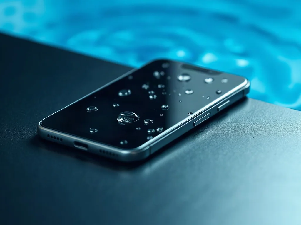 iPhone 13 leżący na ciemnej powierzchni z widocznymi kroplami wody, podkreślający jego odporność na zachlapania.