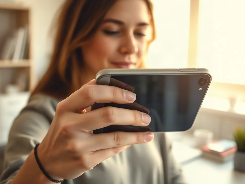 Kobieta trzymająca iPhone'a, przygotowująca się do wykonania zrzutu ekranu za pomocą przycisków bocznych.