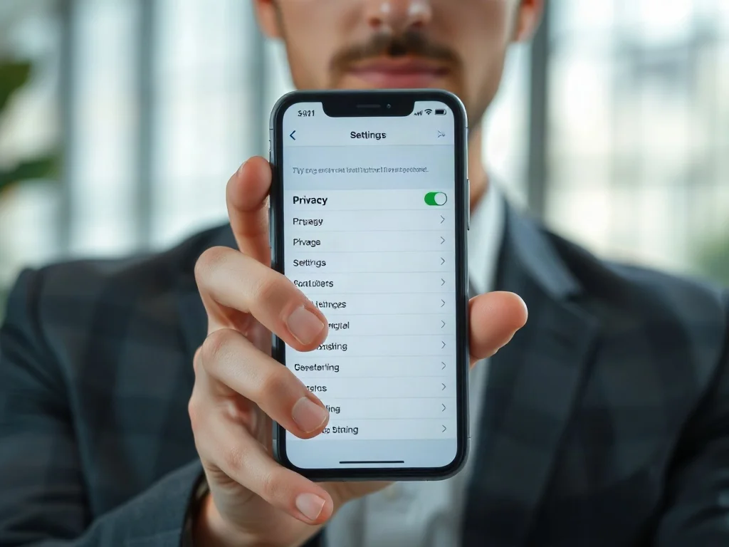 Dłonie trzymające iPhone'a podczas zmiany ustawień prywatności w menu lokalizacji.