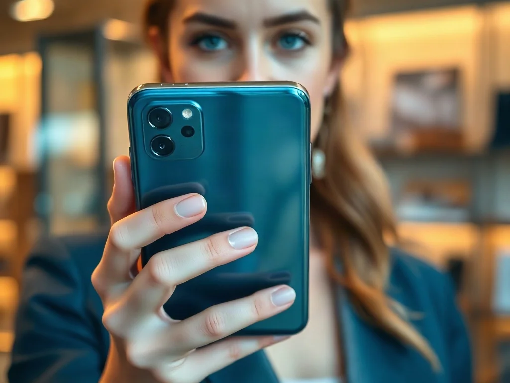 Kobieta trzymająca w dłoni nowoczesny smartfon o szklanej obudowie w minimalistycznym wnętrzu sklepu z elektroniką.