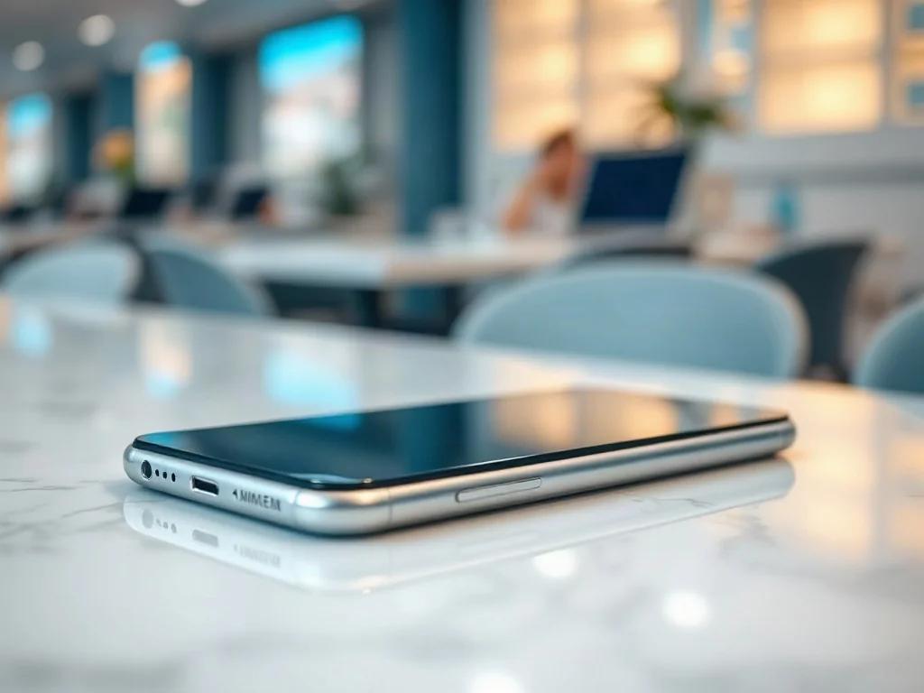 Nowoczesny smartfon leżący na marmurowym blacie, podkreślający elegancki design i wymiary urządzenia.