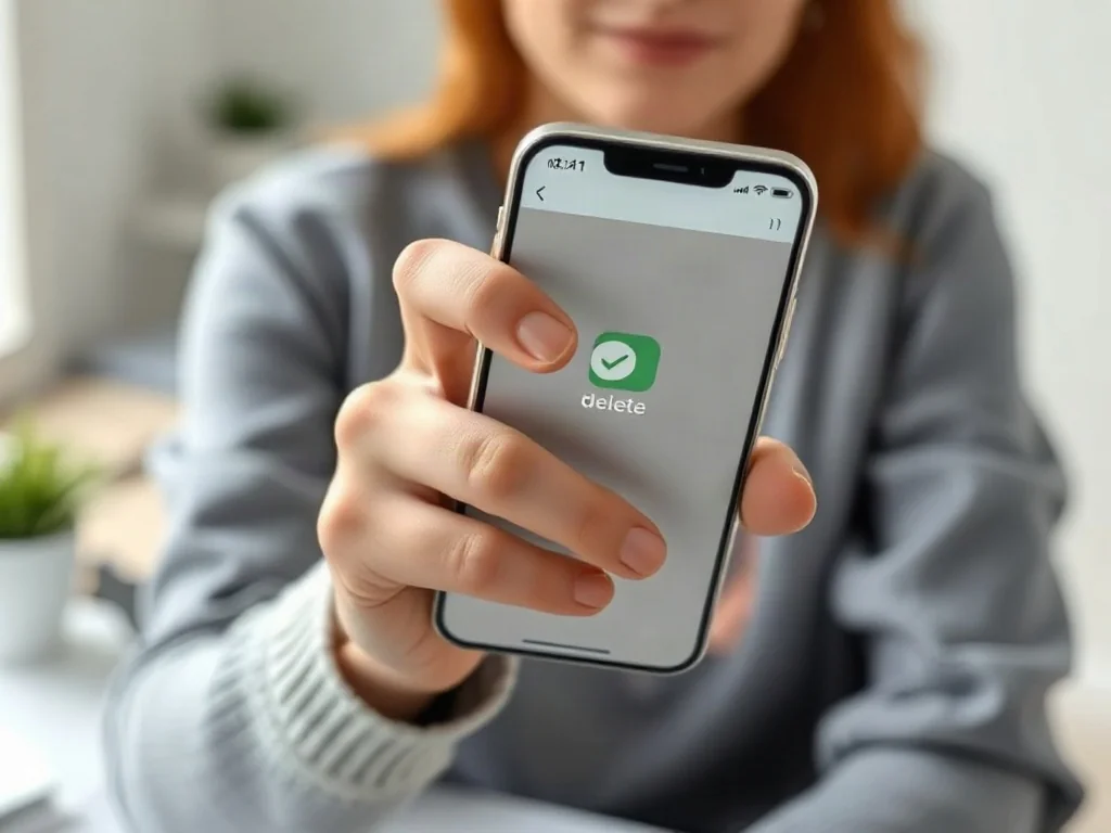 Dłoń trzymająca smartfon z palcem nad ikoną aplikacji, gotowa do jej usunięcia z ekranu głównego iPhone'a.