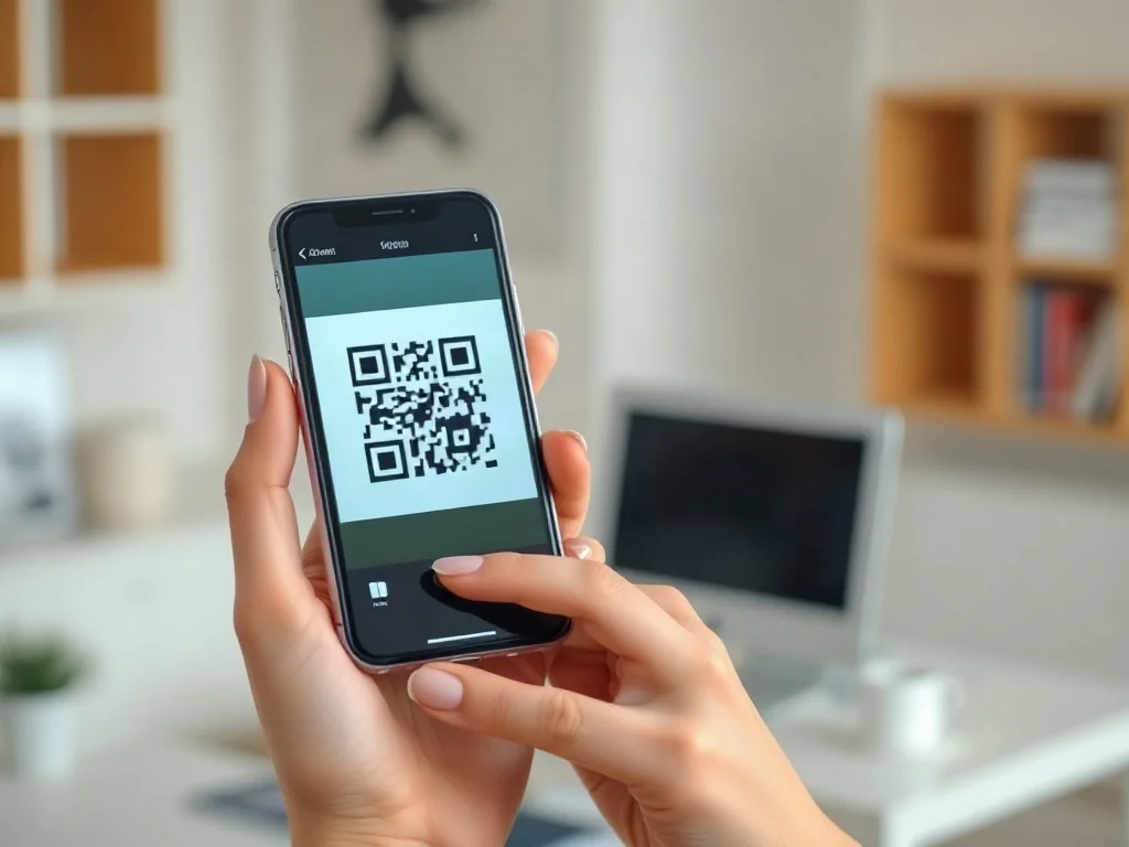 Kobieta trzymająca iPhone'a z otwartym skanerem kodów QR na ekranie w minimalistycznym biurze.