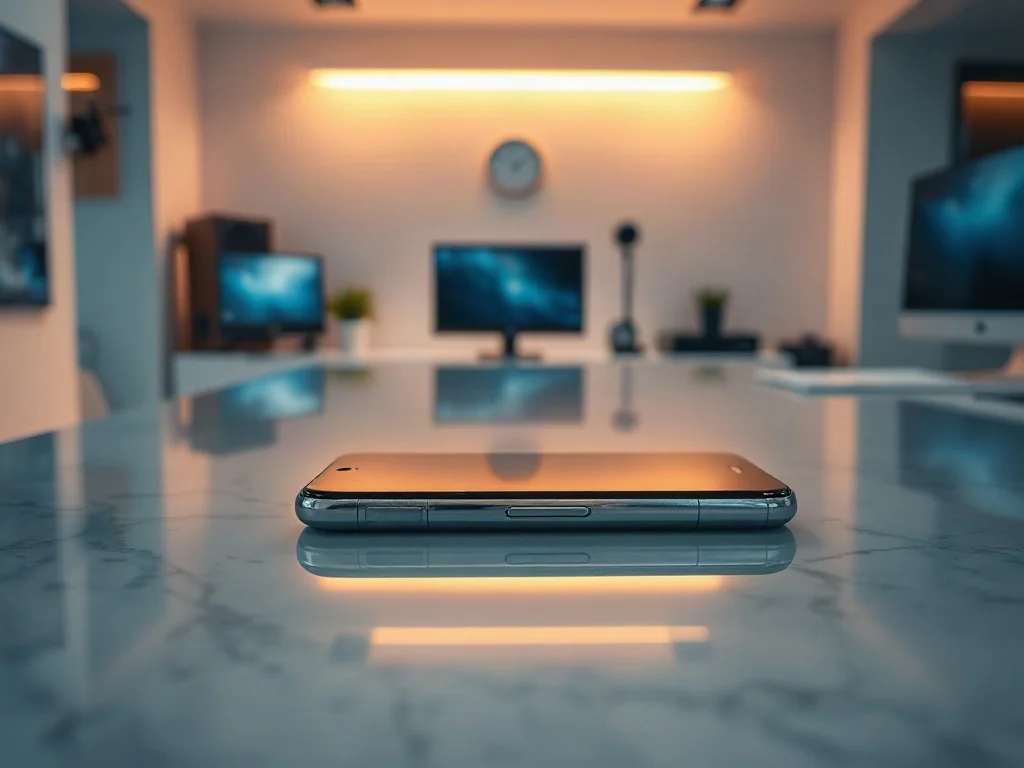 Elegancki smartfon z tytanową obudową na marmurowym biurku w nowoczesnym studiu technologicznym.